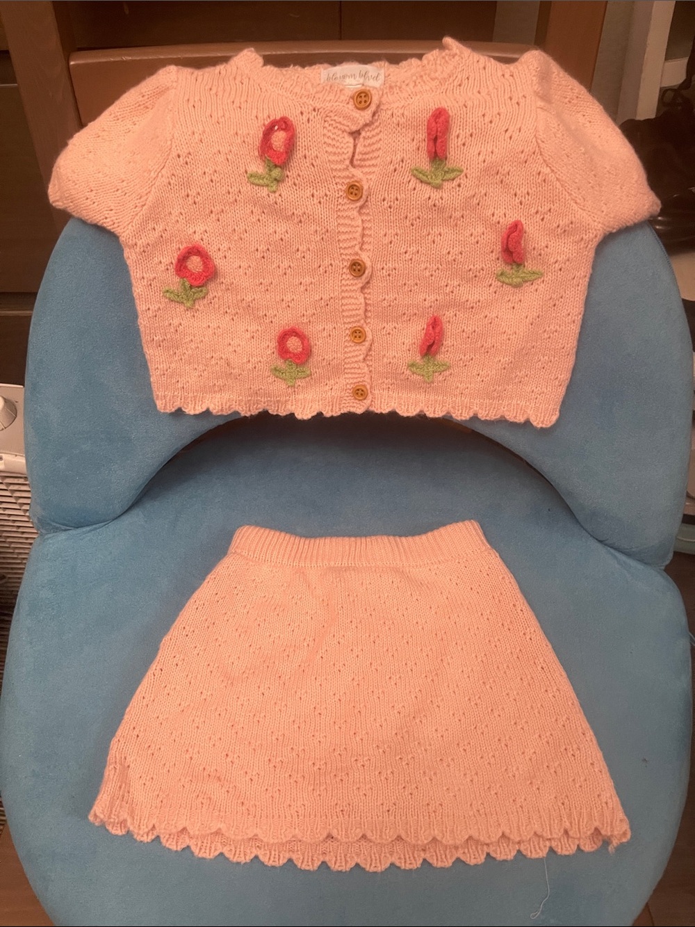 Peach Knit Floral Appliqué Cardigan & Skirt Set